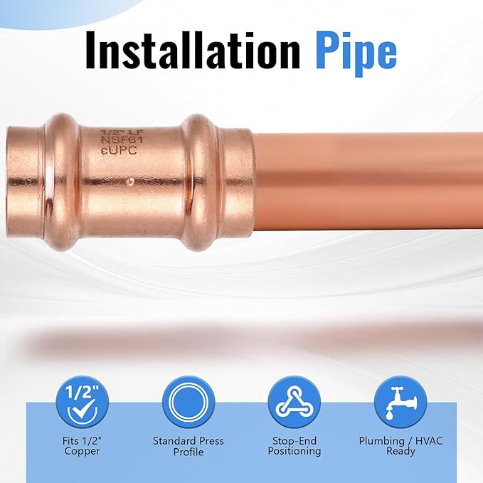(12 Pack YVSKM) 1/2" Press Coupling with Stop, Lead-Free Fittings for 1/2 Inch Copper Pipe, Durable No-Solder Connection for Water, Heating, and Cooling Systems, Corrosion-Resistant Pipe Connector