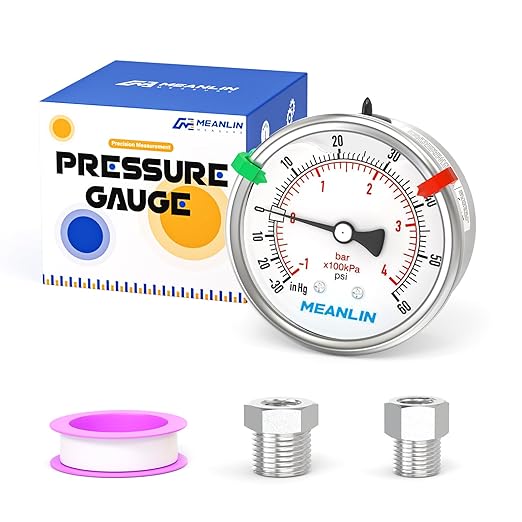 MEANLIN MEASURE -30inHG~60Psi Vacuum Pressure Gauge 316 Stainless Steel Joint 1/4"NPT 2.5"FACE DIAL, Liquid Filled Pressure Gauge WOG Water Oil Air Back Mount with Stainless Steel Hex Bushing, Snaps
