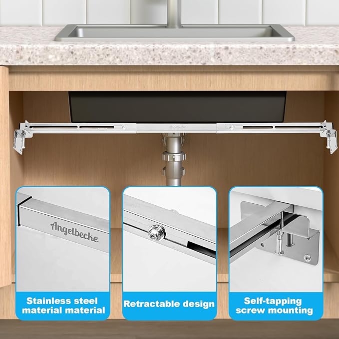 Undermount Sink Support Brackets – Adjustable Stainless Steel Brackets & Support Pole for Heavy Duty Undermount Kitchen Sink, 28-37inches