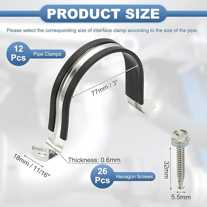 PATIKIL 12Pcs Pipe Clamps, 3 Inch 304 Stainless Steel Rubber Cushioned U Bracket Conduit Clamps Pipe Strap Wire Clips with Hexagonal Screw for Tube Hose Cord Installation, 77mm