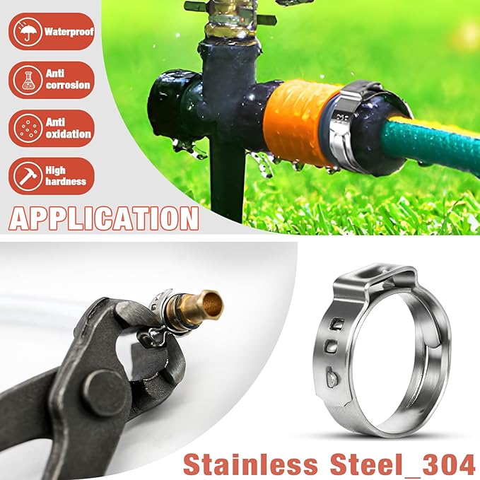 AKIHISA 360Pcs 16 Sizes Single Ear Hose Clamps, 5.3-36.1mm Stainless Steel_304 Crimp Hose Clamps Cinch Rings Assortment Kit for Automotive, Pipe, Plumbing