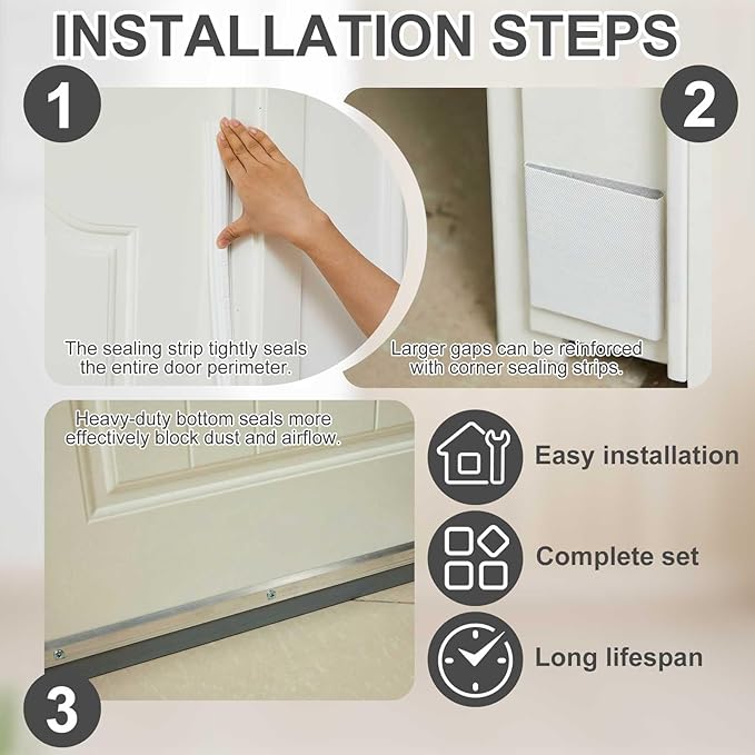 Door Weatherproofing Kit Includes 1 Pcs 36 Inch Double-Layer Metal Door Draft Stopper, 1 Pcs 39 ft Weather Stripping Seal, and 8 Corner Seal