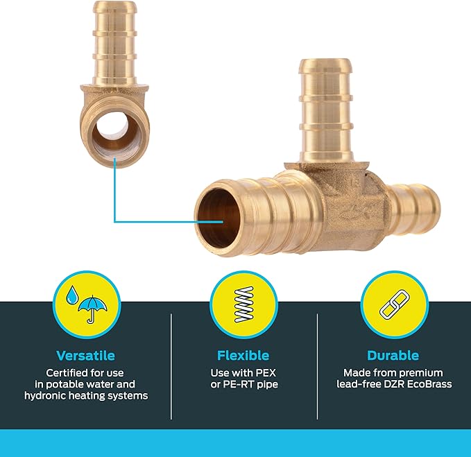 SharkBite 1/2 Inch x 3/8 Inch x 3/8 Inch Crimp Reducing Tee, Brass Plumbing Fitting, PEX Pipe, PE-RT, UC452LFA