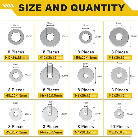 108Pcs 304 Stainless Steel Flat Washers, Fender Washers Assortment Kit 12 Sizes (M3-M12) Metal Washers for Screws Bolts Large and Small Hardware for Various Home Industrial Automotive