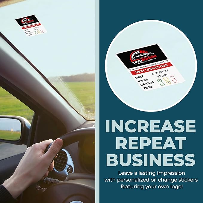 Oil Change Stickers with Your Logo and Text - Personalized Oil Change Service Labels for Your Windshield (15-5000 Stickers)