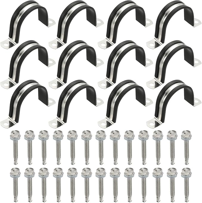 PATIKIL 12Pcs Pipe Clamps, 2-7/8 Inch 304 Stainless Steel Rubber Cushioned U Bracket Conduit Clamps Pipe Strap Wire Clips with Hexagonal Screw for Tube Hose Cord Installation, 48mm