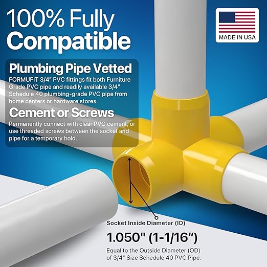FORMUFIT 3/4" 5-Way Cross Furniture Grade PVC Fitting in Yellow, Made in USA, UV-Resistant, Impact-Proof, 1.050” Actual Socket Diameter (Pack of 8) - F0345WC-YE-8
