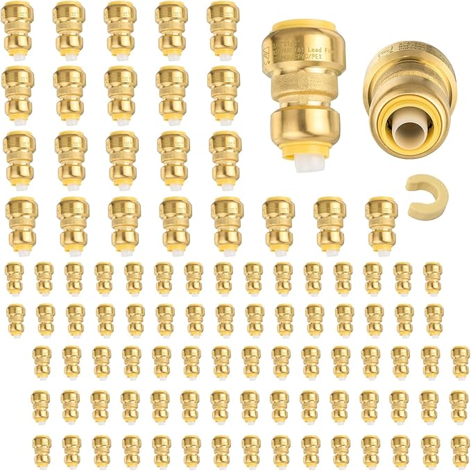(Pack of 100) Niikappu 3/4" x 1/2" Reducing Coupling Brass Fittings, Push-to-Connect Plumbing Fitting for Pex, Copper, CPVC, Includes Removal Clip(PF017-100Pack)