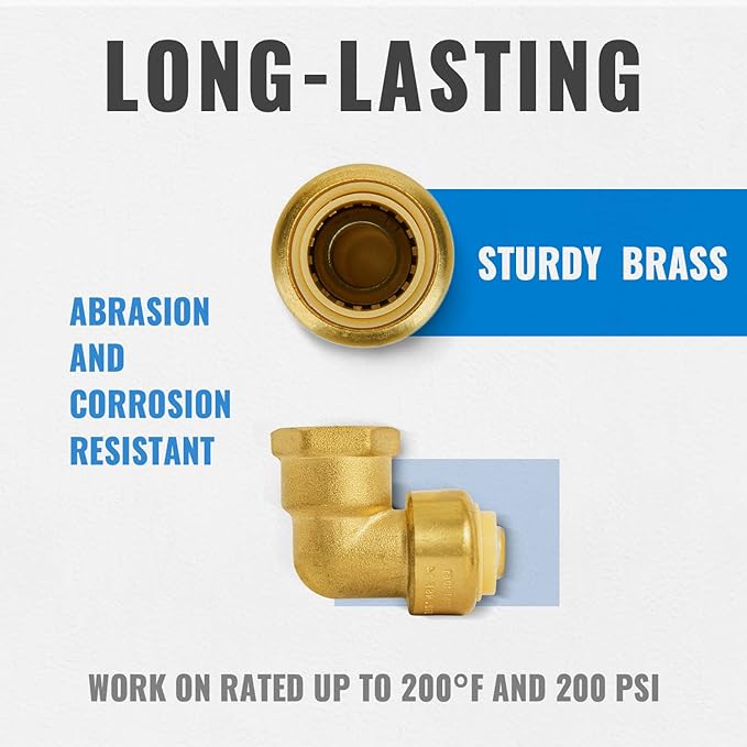 SUNGATOR 1/2 Inch 90 Degree Female Adapter Elbow, 1/2 Inch FNPT, No Lead Brass Push-to-Connect Plumbing Fittings for PEX Pipe, Copper, CPVC, With 1 Disconnect Clip, Pack of 6