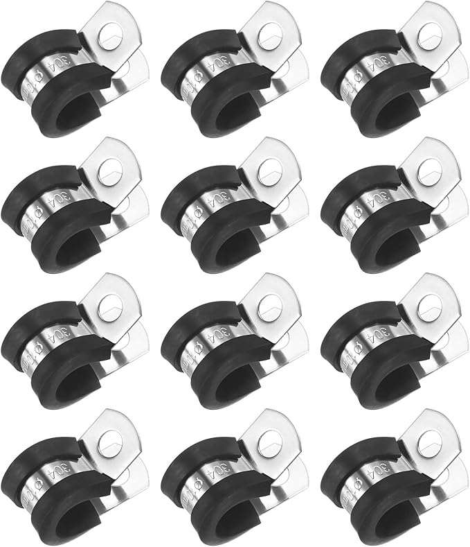 12-Pack Cable Clamps, 25/64 Inch/ 10 mm 304 Stainless Steel Rubber Cushioned Insulated Cable Clamp R Shape Metal Holder for Tube/Wire/Pipe/Loop Installation