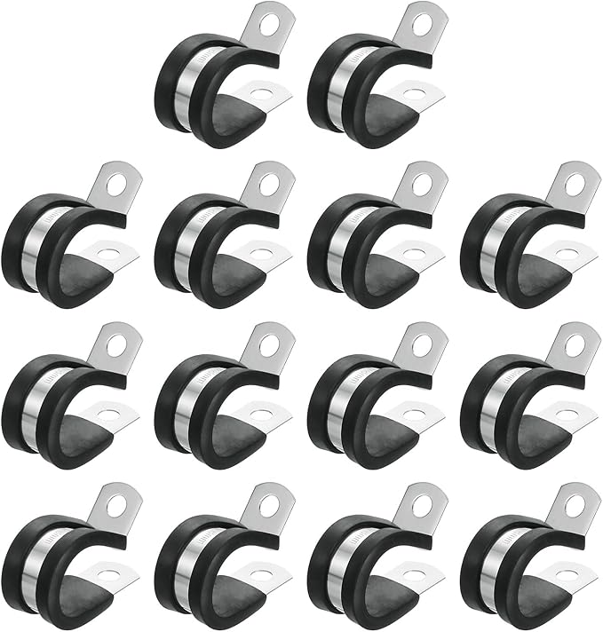 uxcell 3/4"(18mm) Cable Clamp, 304 Stainless Steel Rubber Cushioned Insulated Clamp R Shape Metal Clamp Tube Holder for Pipe Hose Wire Cord Installation 14Pcs