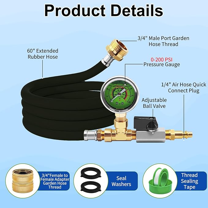 RV Winterizing Kit with Pressure Gauge, 60inch RV Winterize Hose with 3/4" GHT Blow Out Fitting Adaptor & 1/4" Quick Connect Plug, Sprinkler Winterization for RV, Camper, Boat, Travel Trailer, Black