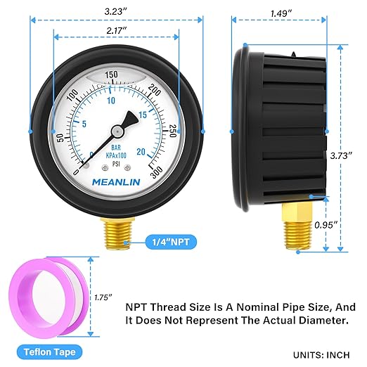 MEANLIN MEASURE 0~300Psi Stainless Steel Liquid Filled Pressure Gauge 1/4" NPT 2.5" FACE DIAL with Rubber Protective Sleeve, Lower Mount