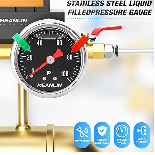 MEANLIN MEASURE 0~100Psi Stainless Steel 1/8" NPT 1.5" FACE DIAL, Glycerin Filled Pressure Gauge, Liquid Filled, Back Mount with 2PCS Snaps (Black)