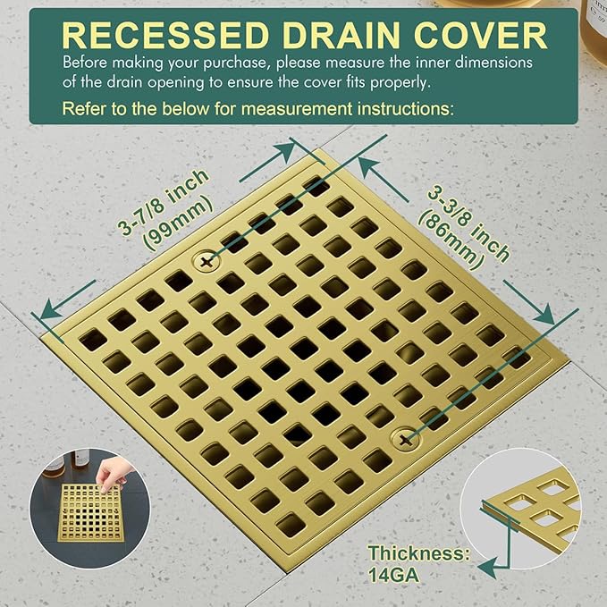 3-7/8" Brushed Gold Shower Drain Cover - Square Floor Drain Cover Replacement - Hair Catcher/Drain Strainer for Bathrooms, Showers, and Sinks - SUS304 Stainless Steel & CUPC Certified