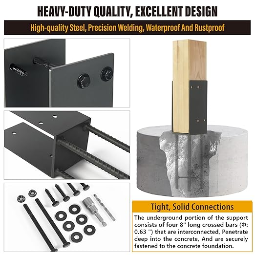 4"x4" Stainless Steels U-Shape Post Holder, Wet Concrete Post Anchor, Heavy-Duty Post Base Bracket for Fence, Deck Railing, Wood Gazebo, Pergola (8pack-Dark Gray)