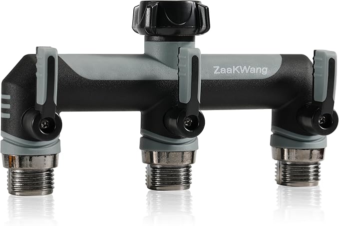 Full Flow Heavy Duty 3 Way Hose Splitter, Rugged Garden Faucet Adapter, Spout Diverter T - Way Adapter with Extended Handle, 3/4” GHT Thread, Grey