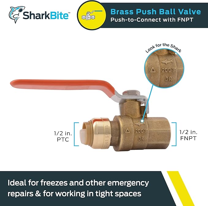 SharkBite 1/2 x 1/2 Inch Ball Valve with FNPT Connector, Push to Connect Brass Plumbing Fitting, PEX Pipe, Copper, CPVC, PE-RT, HDPE, 22182-0000LF