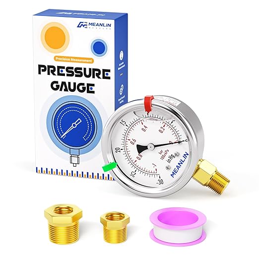 MEANLIN MEASURE -30inHG~0Psi Vacuum Gauge Stainless Steel Liquid Filled 1/4" NPT 2" FACE DIAL for Air Compressor HVAC Negative Pressure Hand Pump Pool Lower Mount, with Hex Bushing and 2PCS Snaps