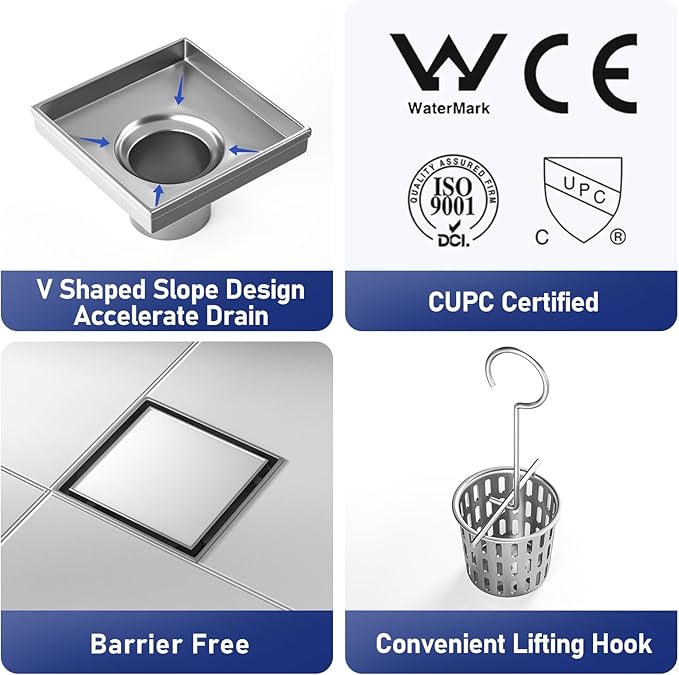 Square Shower Drain 4", Brushed Floor Drain with Tiled Insert Grate & Hair Strainer, 304 Stainless Steel Bathroom 2-in-1 Tiled in Drain, CUPC Certified (Brushed, 4'')