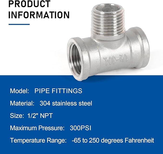Kodilin 4PCS 304 Stainless Steel Tee Pipe Fittings, 1/2" NPT Female x 1/2" NPT Male x 1/2" NPT Female, Male Branch Tee