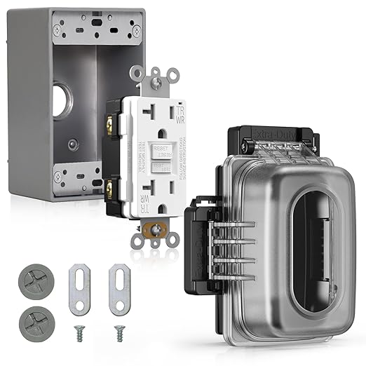 ELEGRP Outdoor GFCI Outlet with in Use Cover and Box Kit, 1 Gang, 20 Amp TRWR Self-Test GFI Receptacle, Extra Duty Metallic Electrical Outlet Box, Lockable in Use Cover, UL Listed, White, 1 Pack