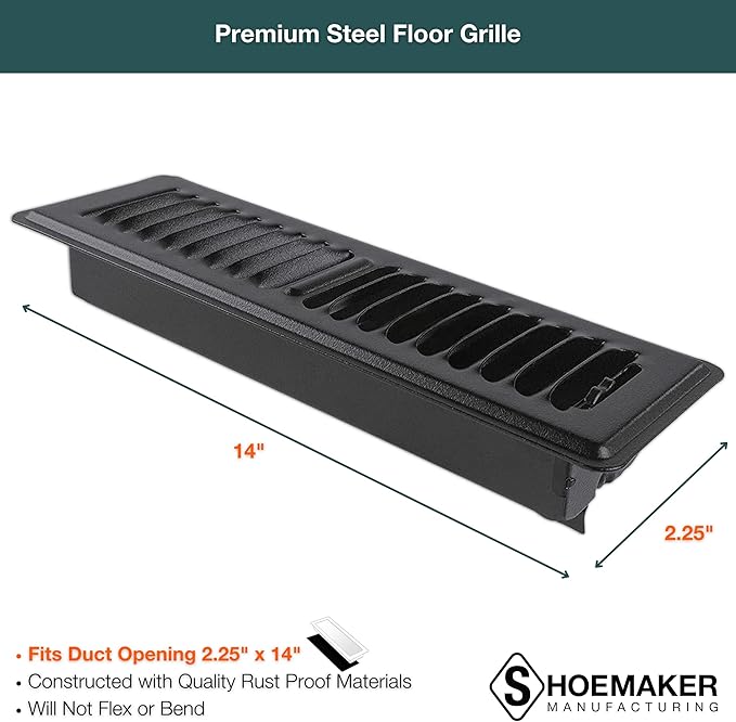 Shoemaker 2x10 Floor Register – Black Heavy Duty Metal Floor Vent Cover for Home Floors - Premium Forced Air Vent Covers