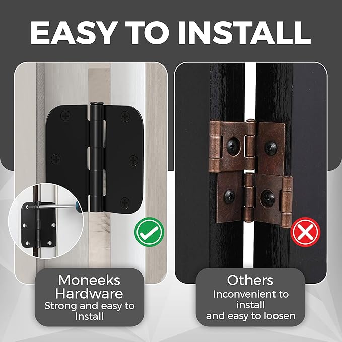 18 Pack Rounded Black Door Hinges Matte 3.5 Inch 5/8" Radius Interior 3 1/2 Inch Flat Iron Bifold Residential Standard Bedroom Interior Exterior and Closets Doors 3 ½"x 3 ½" Heavy Duty Hardware