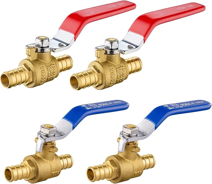 4-Pack Foskan 1/2" PEX Crimp Ball Valve, Brass Quarter Turn Full Port Shut-off Valve for PEX Tubing(Blue and Red)