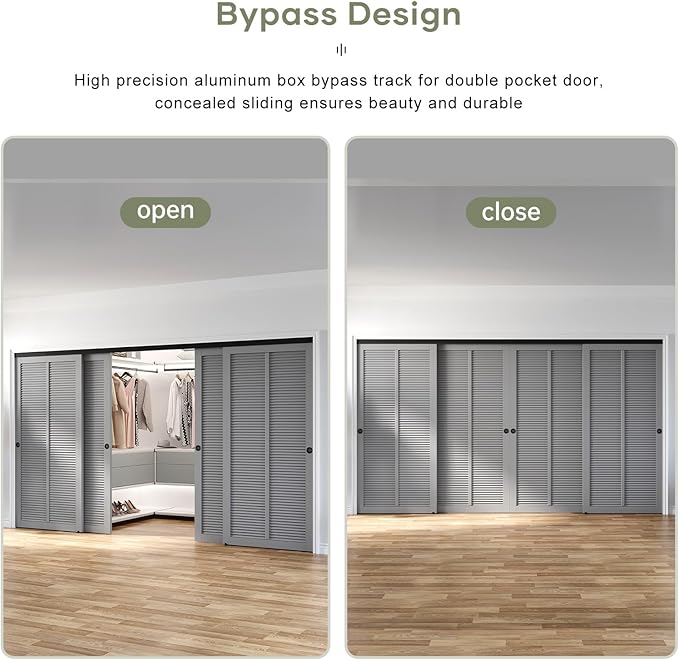 EaseLife 12FT/144in Bypass Double Sliding Pocket Door Hardware Kit,Commercial Grade,Aluminum,Bypassing Wardrobe Closet Door Track for 4 Door System,Slide Smoothly Quietly,Easy Install,Black,No Door
