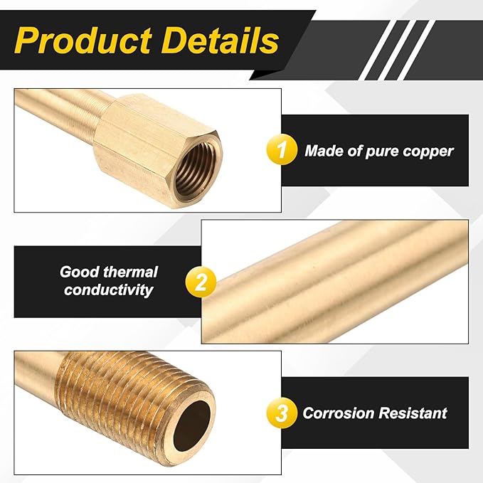 PATIKIL 1/8" g Male x 1/8" g Female Brass Pipe Fitting, Nipple Brass Fitting Extension Pipe Fittings Adapter Connection with Tape 2 Inch / 50mm Length