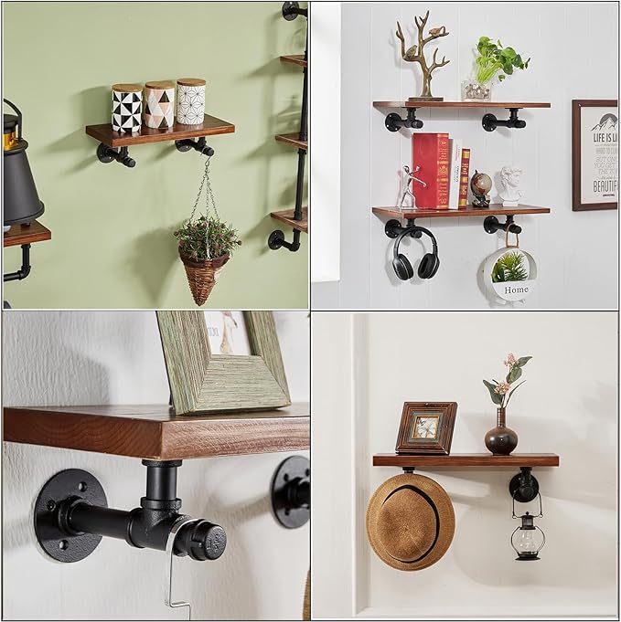 Pipe Shelf Bracket 6.7 inch 8 Pack Industrial DIY L Pipe Shelf Bracket for 6"-12" Wood Floating Shelf Vintage Look Rustic Home Pipe Decor, Included Accessorie