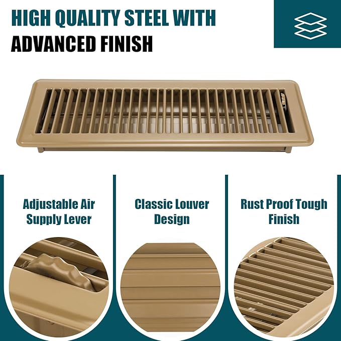 VOISEN Floor Register 4x14, 2 Pack Floor Vent Covers, Steel Adjustable Air Supply Grille Register Vent Cover Grill for Sidewall and Floor, Vent Covers for Home Floor,Brown