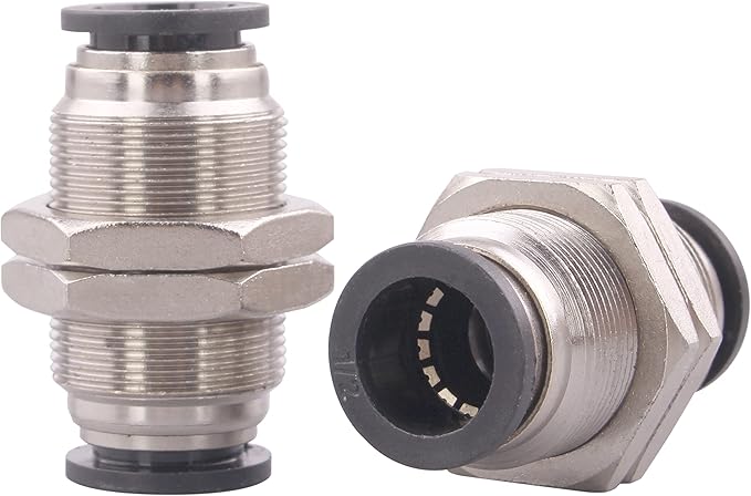 Bulkhead Union Push to Connect Tube Fitting 1/2 Inch Tube OD Stainless Steel Double Threaded (2 Packs)