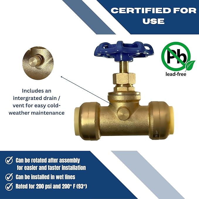 XFITTING 3/4 inch Push Fit Stop Valve with Drain and Vent, Push to Connect Brass Plumbing Fitting, Pex Pipe, Copper, CPVC, PE-RT, HDPE, 2-5-2=5, 5 Pieces