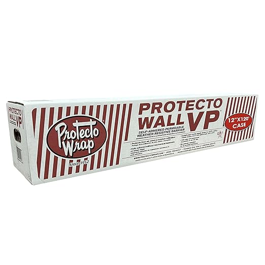 Protecto Wall VP – Self-Adhering, Self-Sealing, Drainable Vapor Permeable Water-Resistive Air Barrier | Primerless Peel & Stick House Wrap with Super Stick Adhesive Technology – 12" x 120' Case