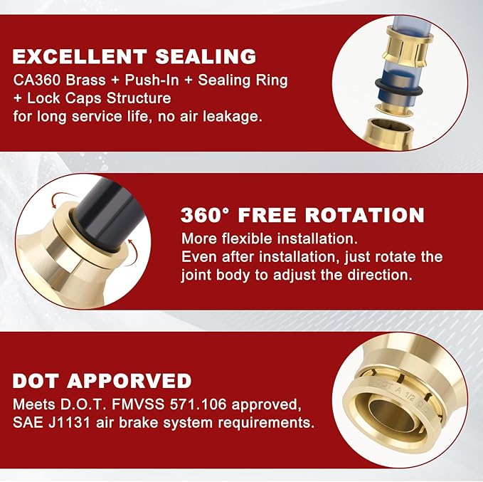 1/2" Quick Push to Connect Fittings Brass Union Straight Joint DOT Approved 1/2" Tube OD x 1/4" NPT Thread Air Line Adapter Air Suspension Kit for Truck Trailers and Air Brake System 4pcs