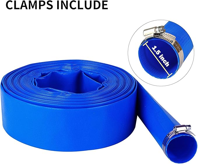 DAVCO 1.5" x 100 ft Pool Backwash Hose, Heavy Duty Reinforced Blue PVC Lay Flat Water Discharge Pump Hoses For Swimming Drain Pools and Clean Filters,with 1 Clamp