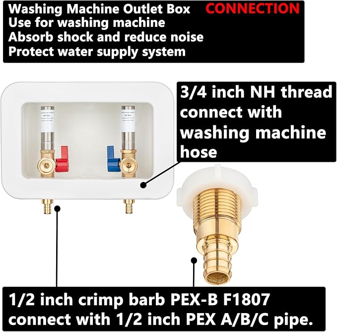 (1 Pack) Lidertik Washing Machine Outlet Box PEX-B with Hammer Arrestors and Center Drain, Inlet 1/2 inch PEX-B 1807 Crimp Barb x Outlet 3/4 inch Male Thread, Absorb Shock And Reduce Noise XYJH-621-LK
