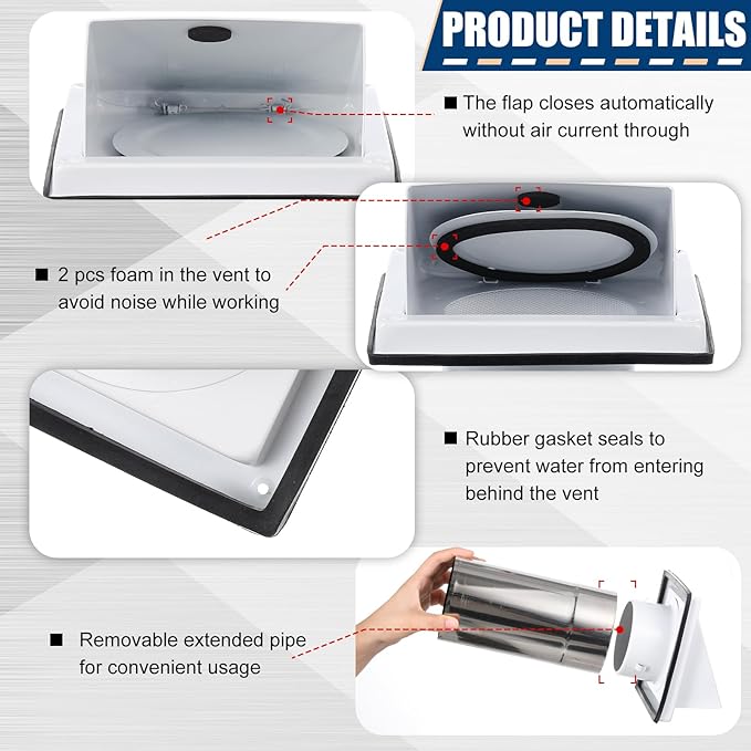 Gisafai 4" Dryer Vent Cover Outside with Stainless Steel Guard Wall Dryer Exhaust Cap and Removable Extended Pipe Vent Shroud Hood Cushioned Non Return Flap with Sealing Gasket Grille(White)