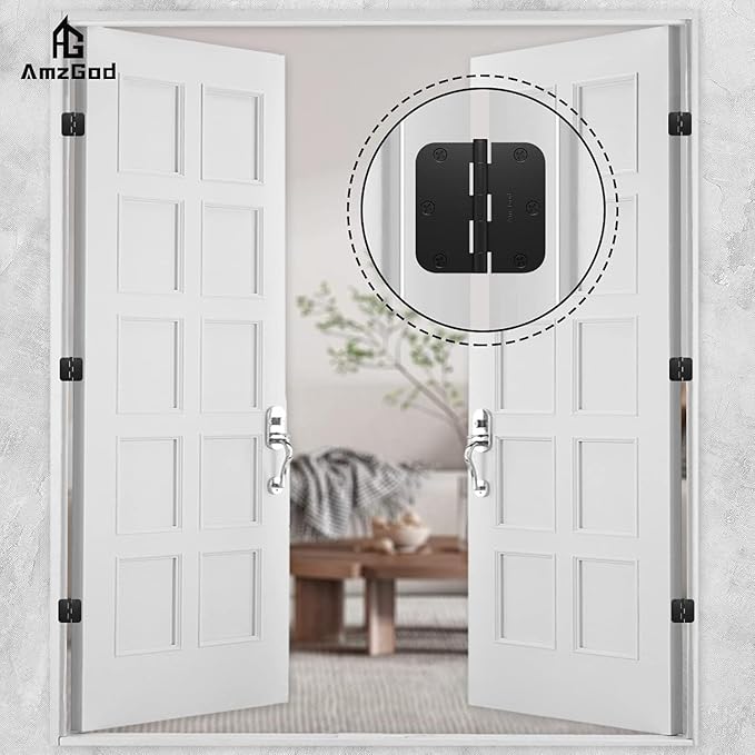 Black Door Hinges - 6 Pack Matte Black Door Hinges 3.5 Inch with 5/8" Radius Corners - Black Hinges for Interior and Exterior Doors - Heavy Duty 3 1/2" Residential Door Hardware