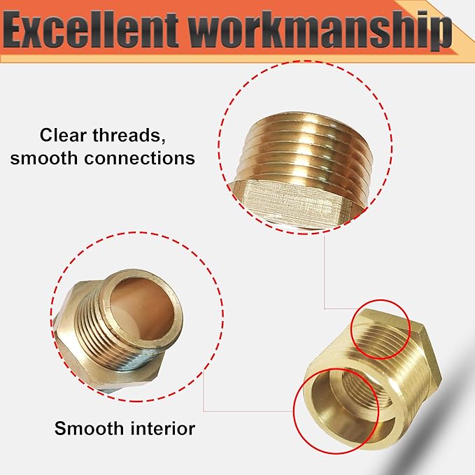 Brass 1/2" NPT Male to 3/8" Female Reducer Bushing, Brass Pipe Hex Bushing NPT Male to Female Pipe Fitting Adapter for Reduce Pipe (1/2”mnpt-3/8”fnpt)