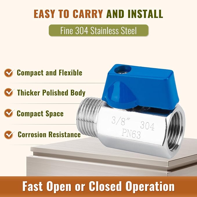 4Pack 3/8" Mini Ball Valve, 304 Stainless Steel Shut-Off Valve NPT Female x Male Thread Small Valves for Compact Space (4, 3/8 Inch)