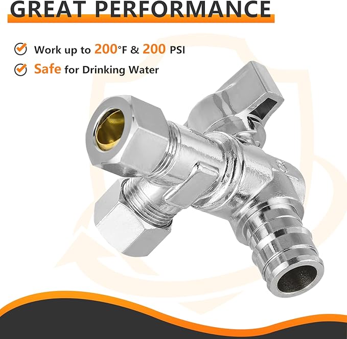2-PCs HeSun PEX Expansion Inlet Angle Stop Valve, Quarter-Turn 1/2" PEX-A x 3/8" OD x 3/8" OD Compression, Dual Compression Outlet Shut Off Valve, Chrome Plated Brass, ASTM F1960(VALVE203)