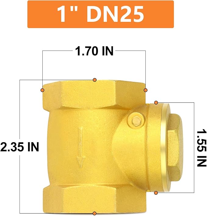 GASHER 2PCS Brass Swing Check Valve 1" Female Thread, Backflow Prevention, One Way Check Valves for Sump Pump and Air Compressor, Gas Air Fuel Oil Water