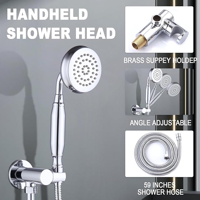 Enga Antique Shower Faucet Sets Dual Heads with 4 Body Jets, 8" + 6" Ceiling & Wall Mount Vintage Shower Head with Handheld Spray Combo, 4 Way Diverter Brass Valve, Chrome