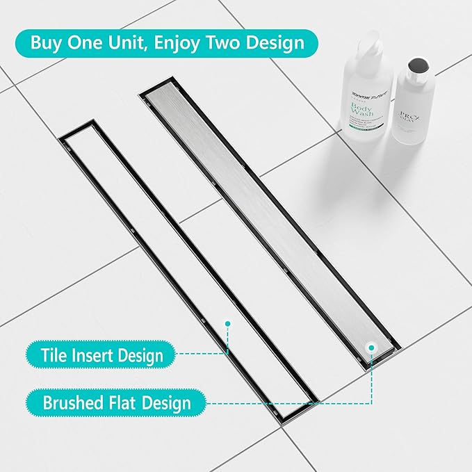 Neodrain 24-Inch Linear Shower Drain- with 2-in-1 Flat & Tile Insert Cover, Brushed 304 Stainless Steel Rectangle Shower Floor Drain,Floor Shower Drain