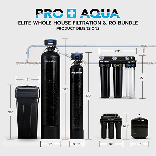 PRO+AQUA Elite 5-Stage Whole House Water Softener and Filter Bundle System for Well Water | Reduces Heavy Metals, Iron, Sulfur, Sediment, Chlorine, and More | Ideal for 3-4 Bathrooms (+ RO System)