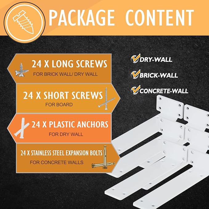 CLT Shelf Bracket( White) , 6” Quarter Inch (1/4") Thick- Max Load: 220 lb Rustic Industrial Modern Farmhouse Heavy Duty Bracket for DIY Table Bench, Pack of 6