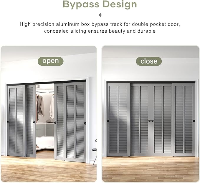 EaseLife 8FT/96in Bypass Double Sliding Pocket Door Hardware Kit,Commercial Grade,Aluminum,Bypassing Wardrobe Closet Door Track for 4 Door System,Slide Smoothly Quietly,Easy Install,Black,No Door